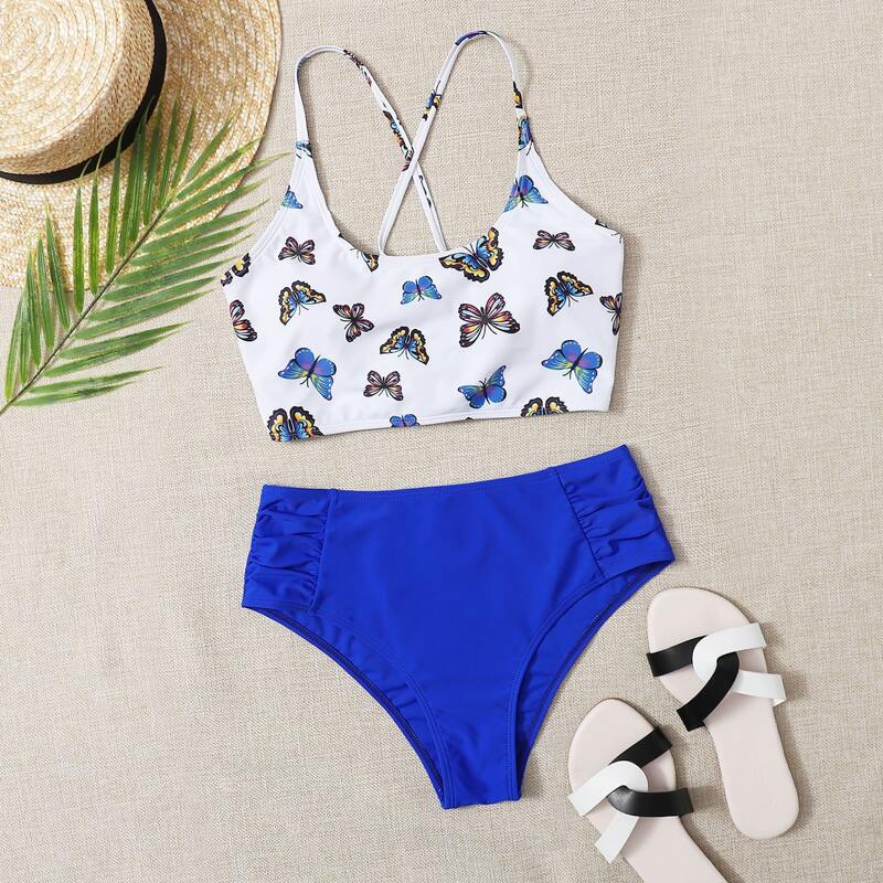 

Butterfly Print High Waist Bikini Swimsuit, Blue and white