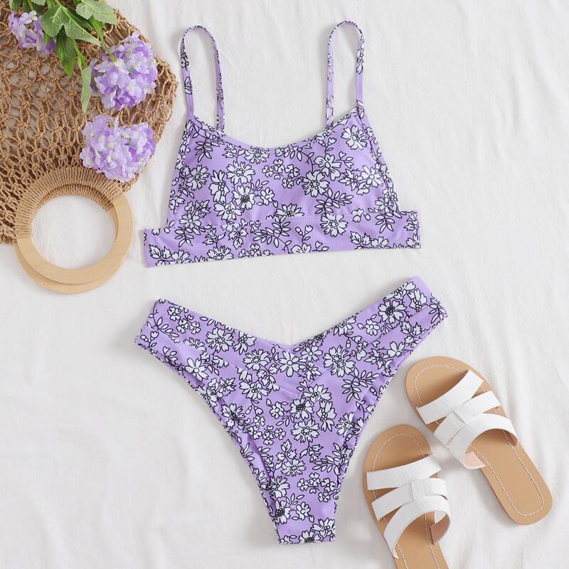 

Ditsy Floral High Leg Bikini Swimsuit, Lilac purple