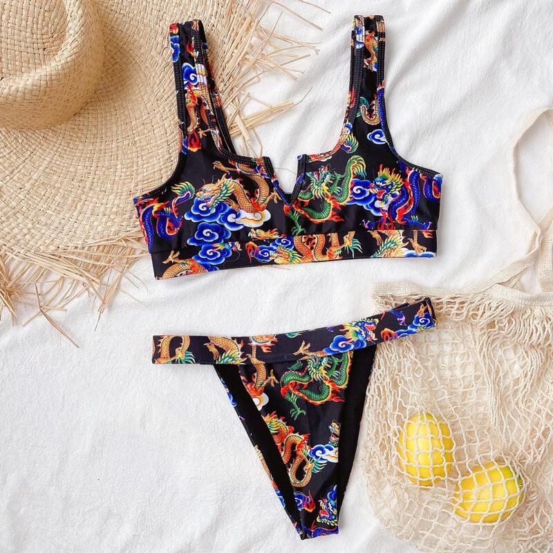 

Dragon Print V Wired Thong Bikini Swimsuit, Multicolor