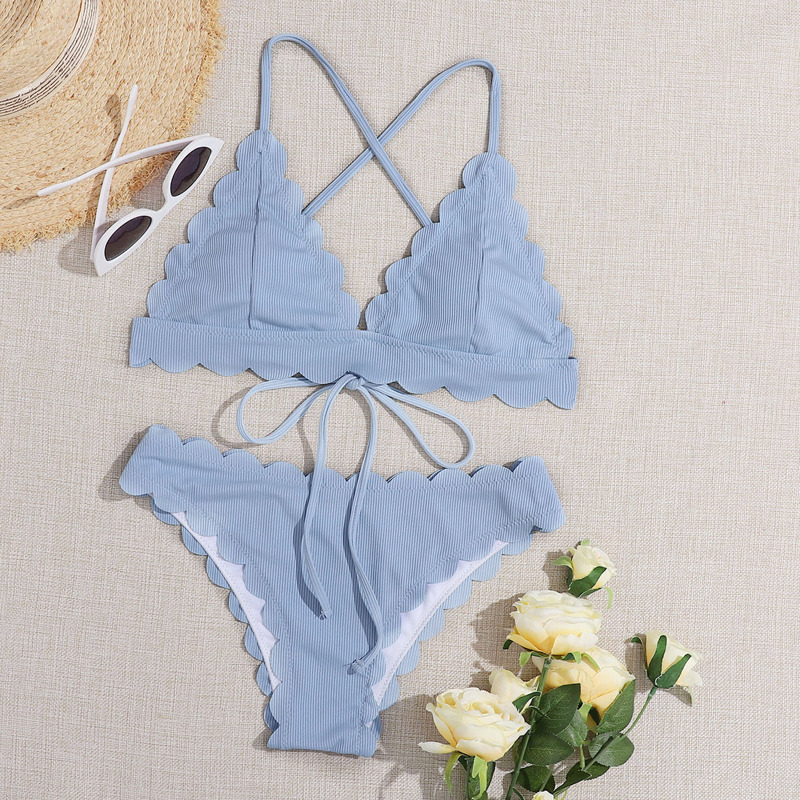 

Scallop Trim Tie Back Triangle Bikini Swimsuit, Pastel dusty blue
