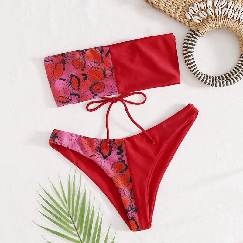 

Snakeskin Spliced Lace-up Bikini Swimsuit, Red