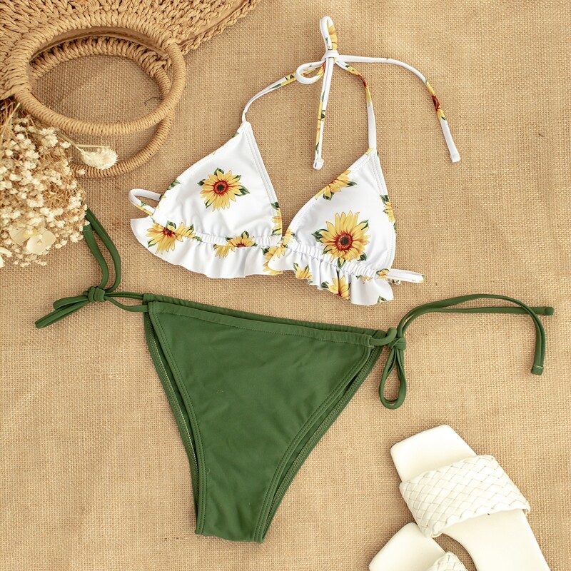 

Sunflower Print Triangle Thong Bikini Swimsuit, Multicolor