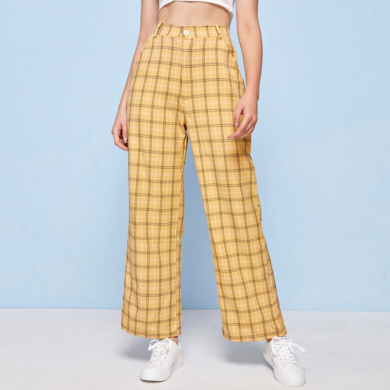 

Plaid High Waist Pants, Yellow