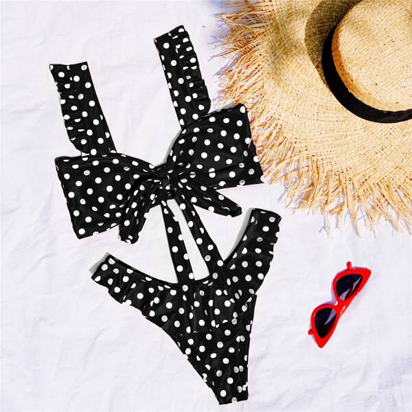 

Polka Dot Ruffle Knot Front Bikini Swimsuit, Black and white