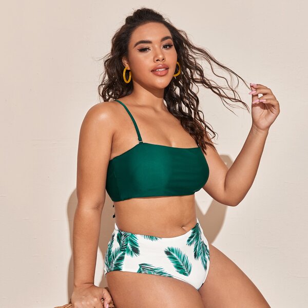 

Plus Palm Leaf Print High Waisted Bikini Swimsuit, Multicolor