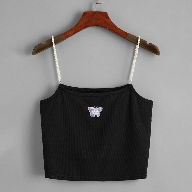 

Butterfly Embroidery Faux Pearl Straps Cami, Black