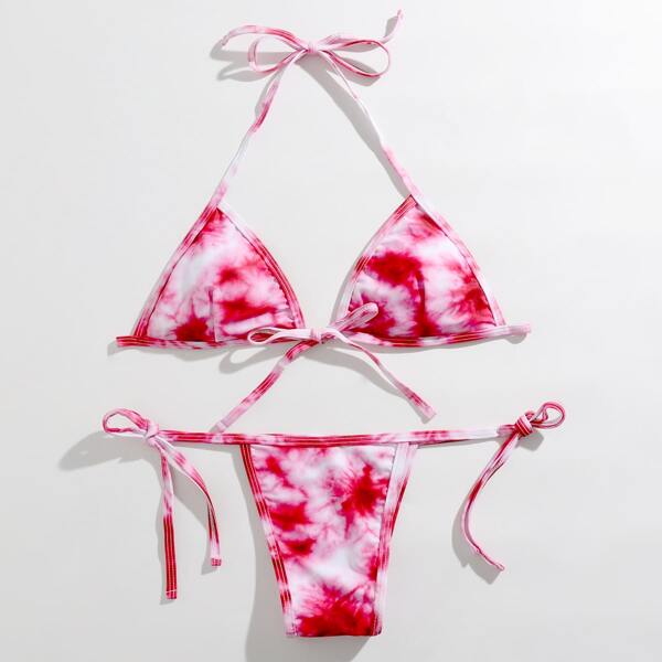 

Tie Dye Triangle Halter Tie Side Bikini Swimsuit, Pink