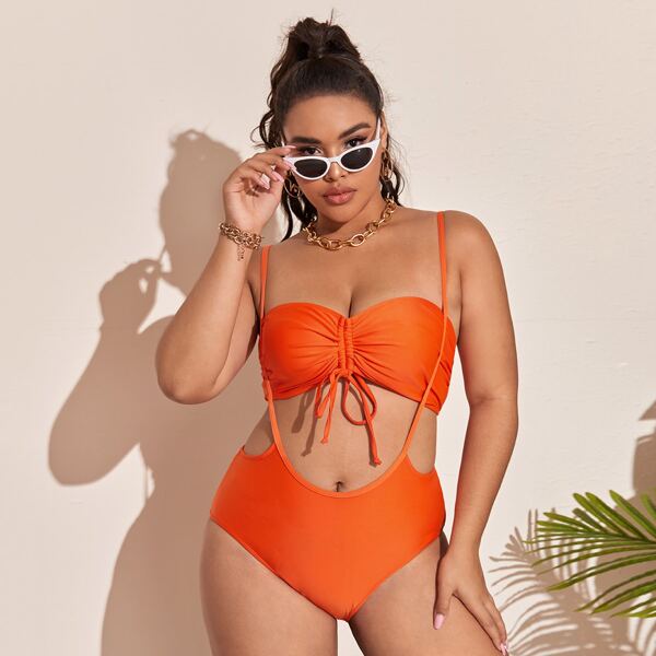 

Plus Drawstring Bandeau With Suspender Bikini Swimsuit, Orange bright