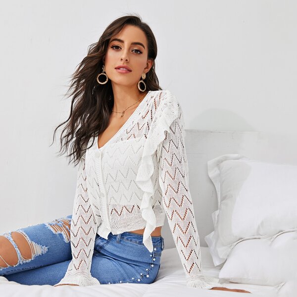 

Ruffle Trim Open Knit Cardigan Without Cami, White