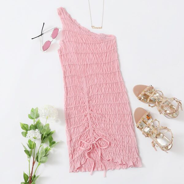 

One Shoulder Drawstring Front Lettuce Edge Textured Sweater Dress, Pastel baby pink