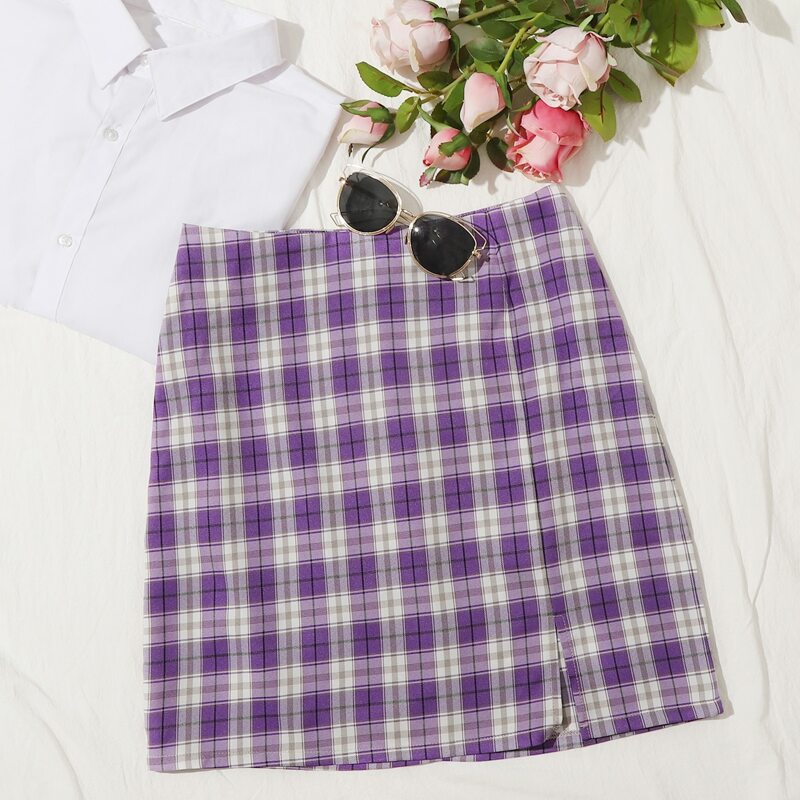 

Split Hem Tartan Skirt, Lilac purple