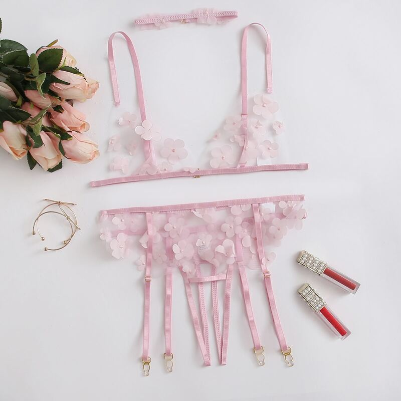 

4pack Appliques Mesh Garter Crotchless Lingerie Set, Pastel baby pink