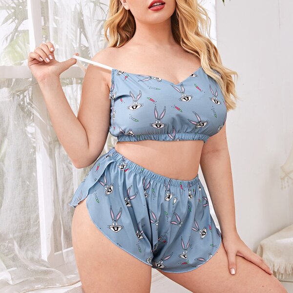 

Plus Cartoon Rabbit Print Bralette With Shorts, Multicolor