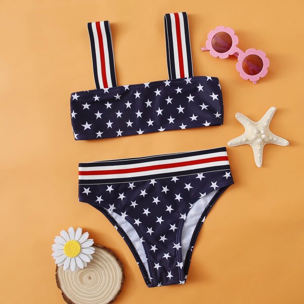 

Girls Star Print Striped Trim Bikini Swimsuit, Navy blue