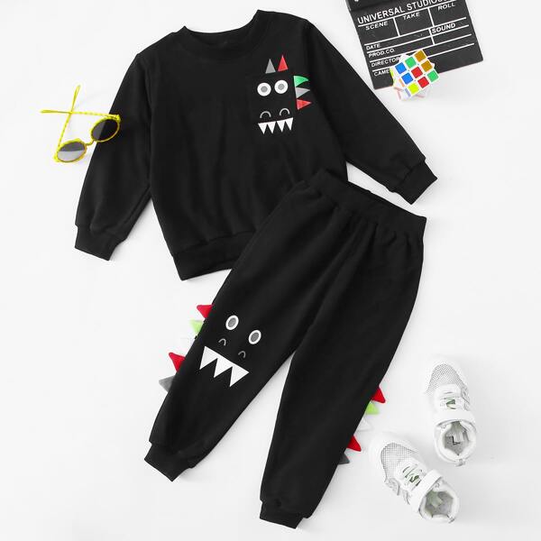

Toddler Boys Cartoon Graphic Sweatshirt With 3D Patched Joggers, Black