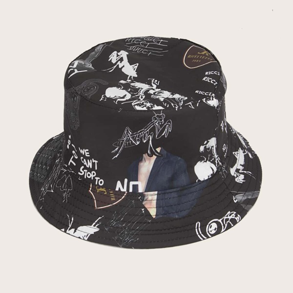 

Men Slogan Graphic Bucket Hat, Black