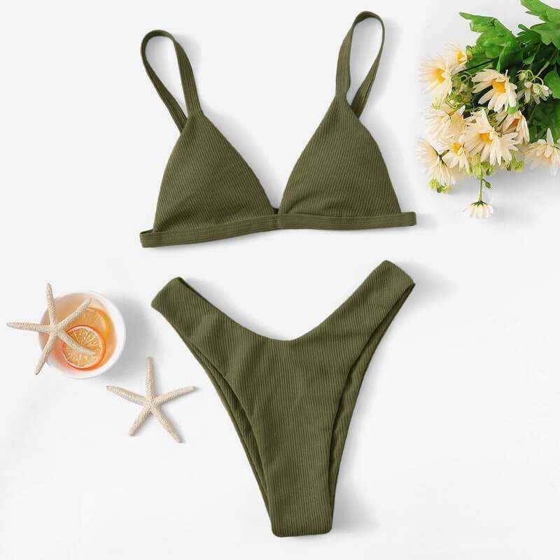 

Rib Triangle High Leg Bikini Swimsuit, Dark green