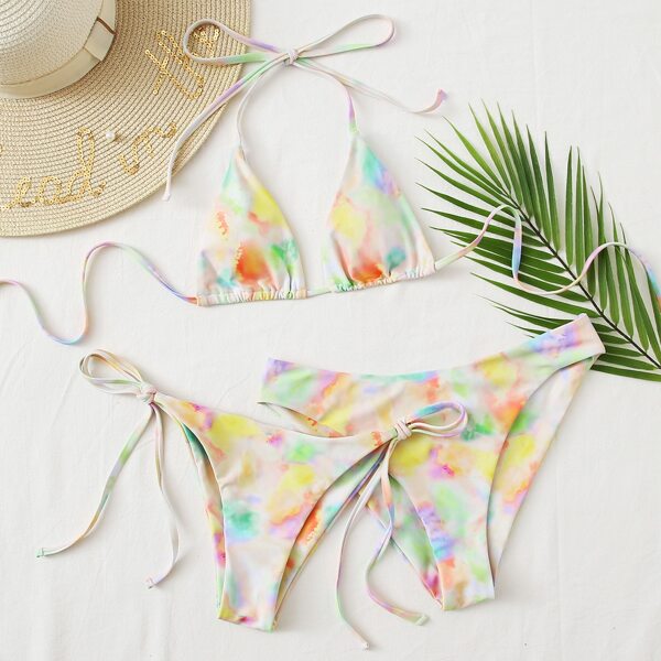 

3pack Tie Dye Triangle Tie Side Bikini Swimsuit, Multicolor