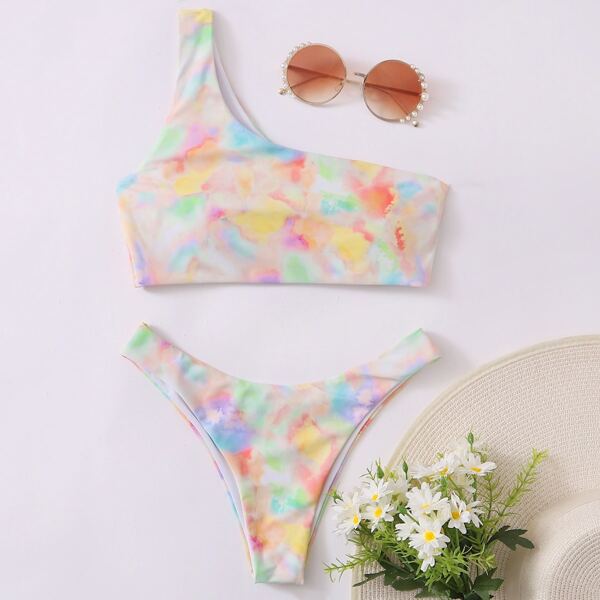 

Tie Dye One Shoulder Bikini Swimsuit, Multicolor