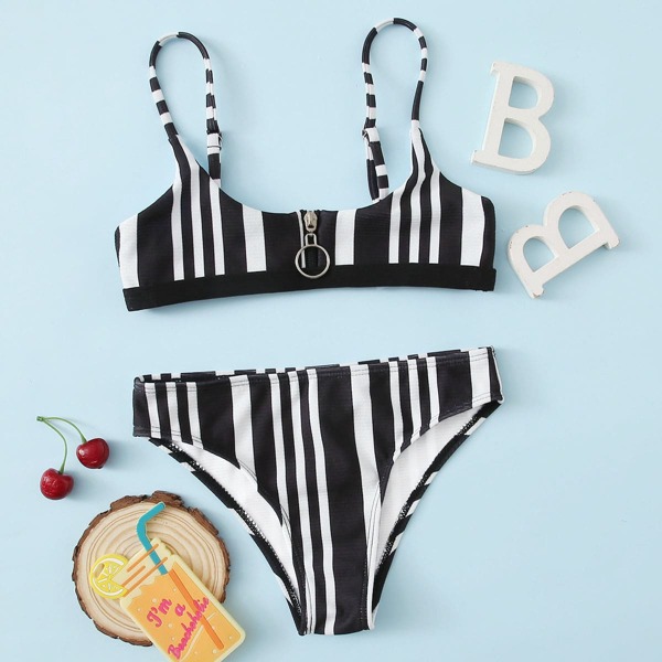 

Girls Striped Zip-up Bikini Swimsuit, Black and white