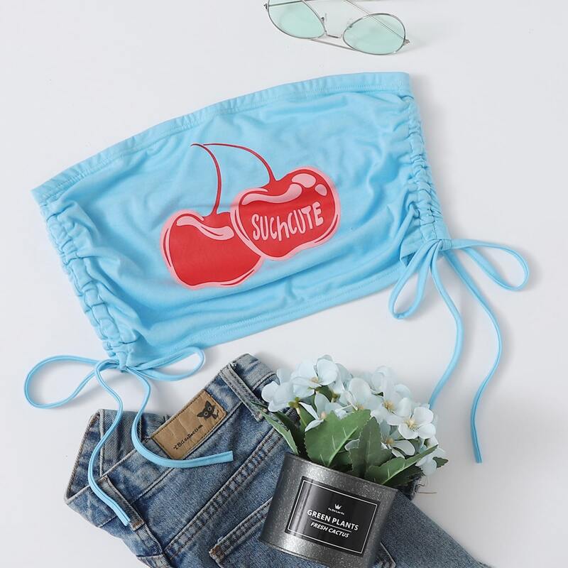 

Cherry Print Drawstring Crop Tube Top, Baby blue