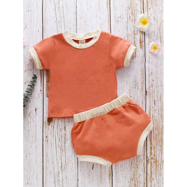 

Baby Girl Contrast Binding Tee & Shorts, Coral orange