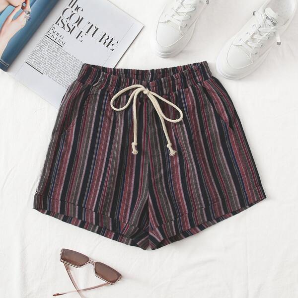 

Tie Front Striped Cuffed Shorts, Multicolor
