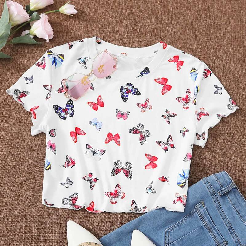 

Butterfly Print Crop Tee, Multicolor