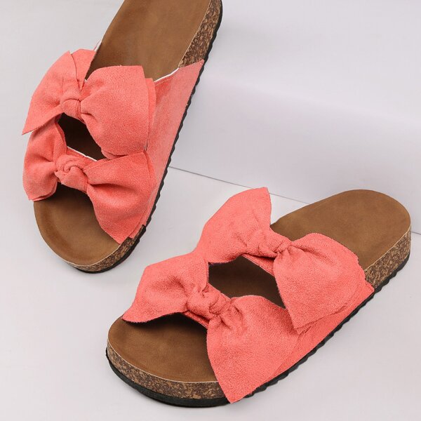 

Coral Vegan Suede Bow Detail Footbed Flat Sandals, Coral pink