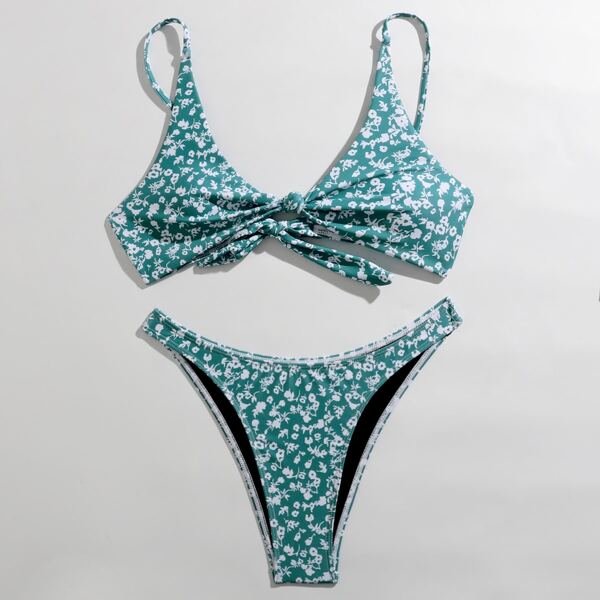 

Ditsy Floral Knot Detail High Cut Bikini Swimsuit, Cadet blue
