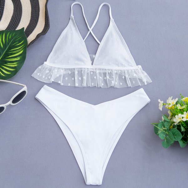 

Heart Pattern Mesh Triangle High Cut Bikini Swimsuit, White