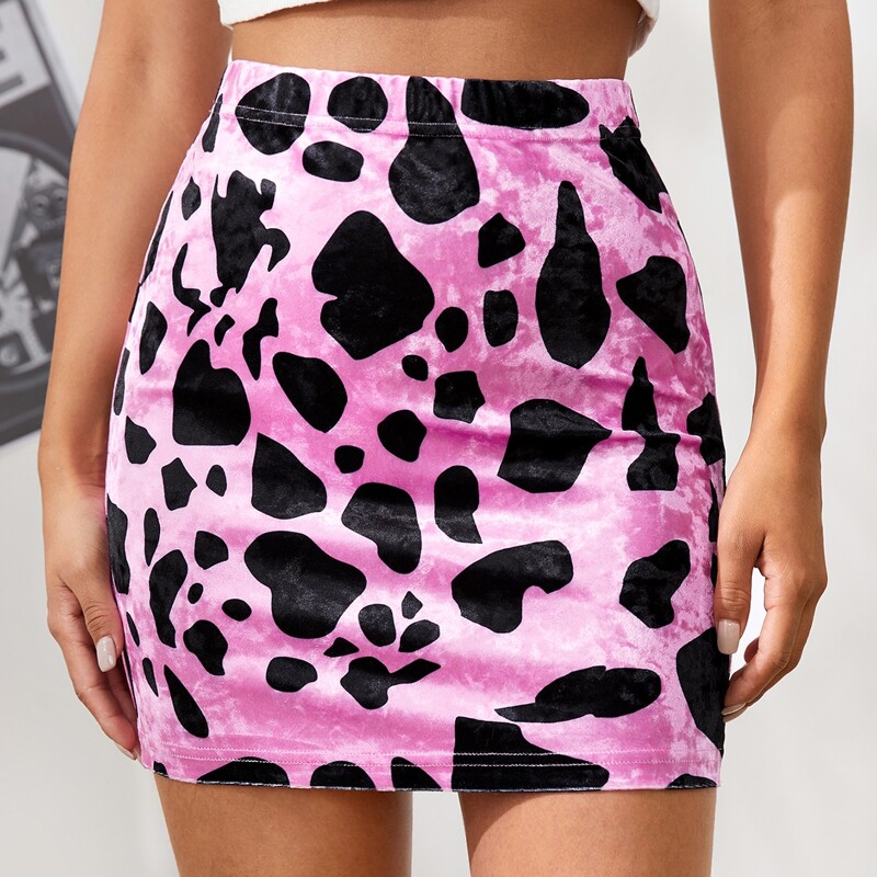 

Cow Print Velvet Skirt, Pink