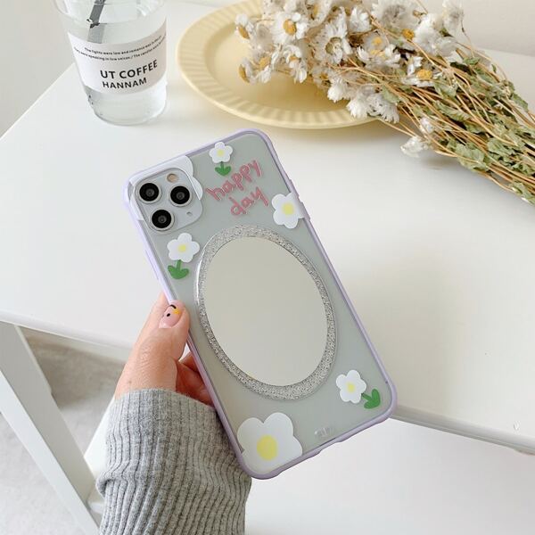 

1pc Flower Print iPhone Case With Mirror, Purple