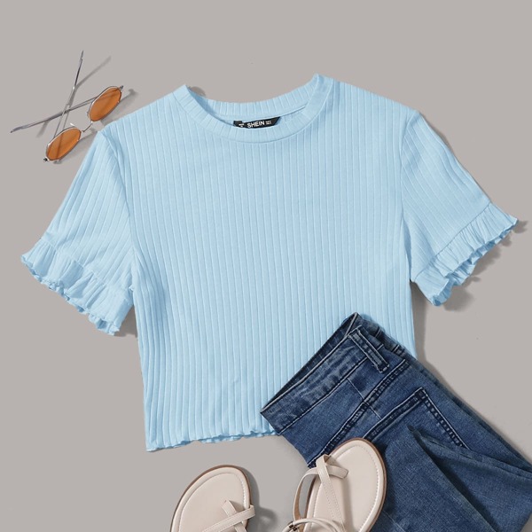 

Lettuce Trim Rib-knit Top, Pastel baby blue