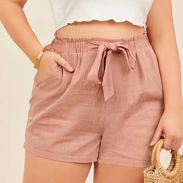 

Plus Paperbag Waist Knot Front Shorts, Coral pink
