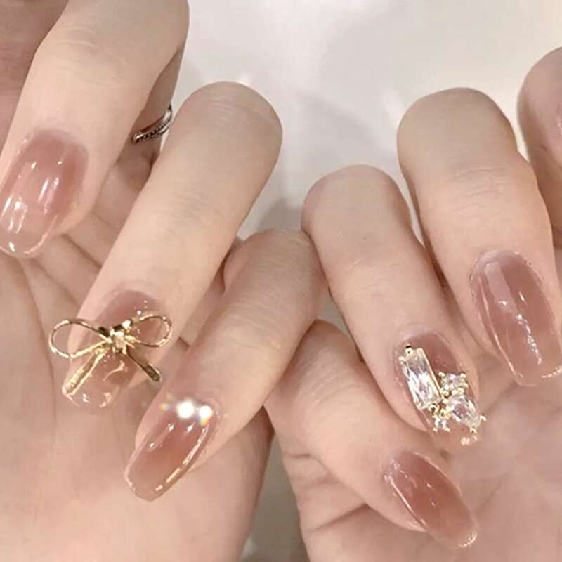 

24pcs Rhinestone Decor Fake Nail With 1pc Double-sided Tape, Dusty pink