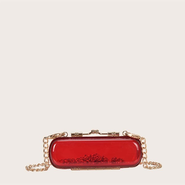 

Girls Clear Kiss Lock Chain Box Bag, Red clear
