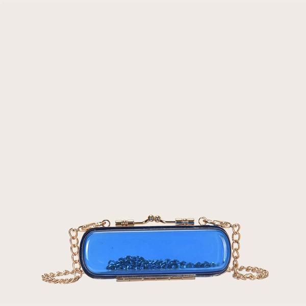 

Girls Clear Kiss Lock Chain Box Bag, Blue clear