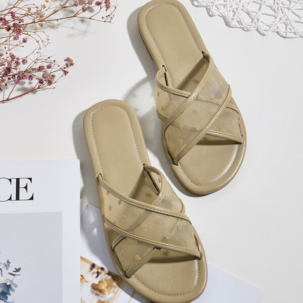 

Criss Cross Mesh Slide Sandals, Khaki