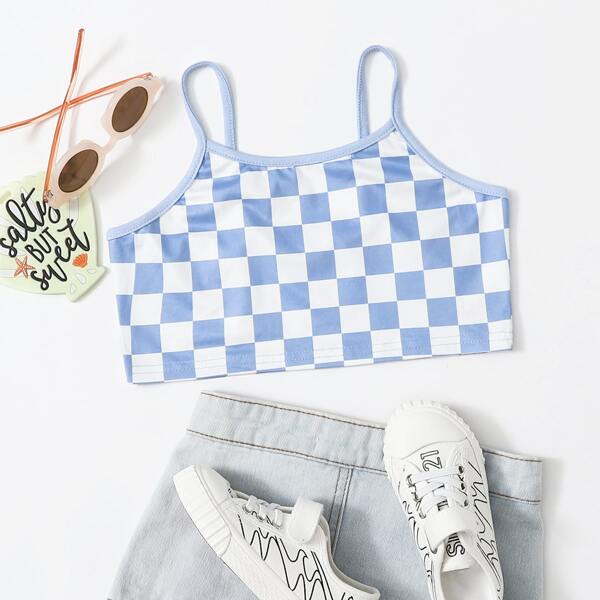 

Girls Checked Crop Cami Top, Blue and white