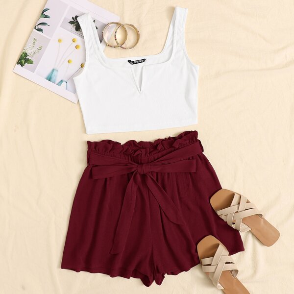 

Notched Neck Tank Top & Paperbag Waist Shorts Set, Red and white