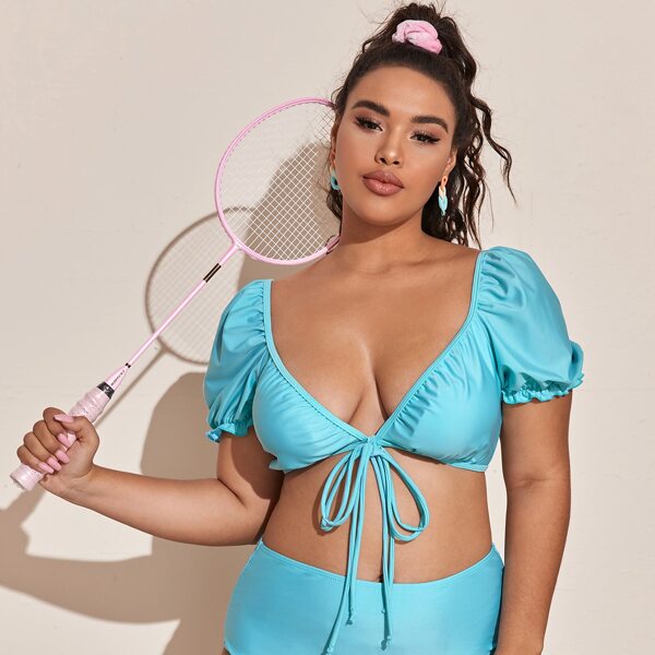 

Plus Tie Front High Waisted Bikini Swimsuit, Blue