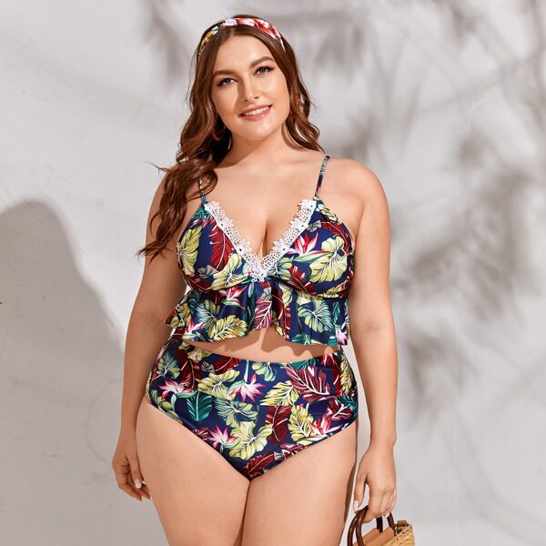 

Plus Tropical Lace Trim Ruffle Hem Bikini Swimsuit, Multicolor