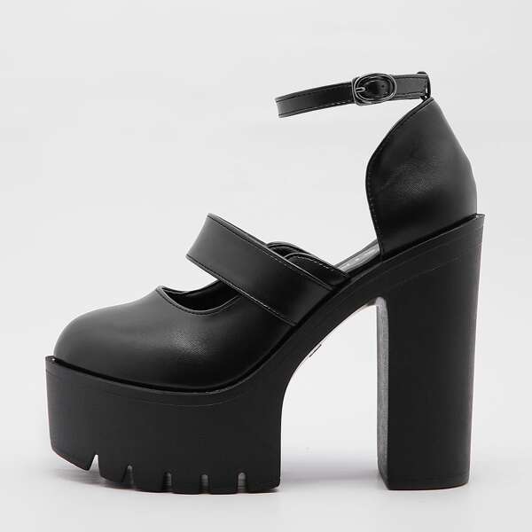 

Ankle Strap Platform Chunky Heels, Black