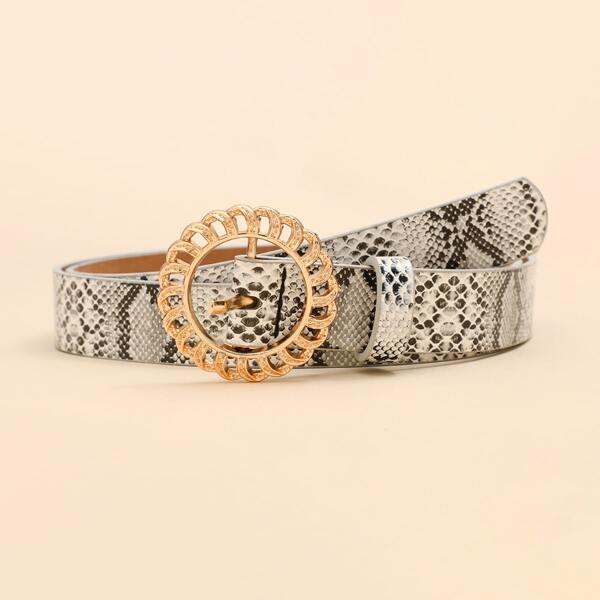 

Snakeskin Pattern Round Buckle Belt, White