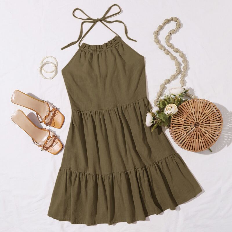 

Tie Back Frill Trim Halter Dress, Army green