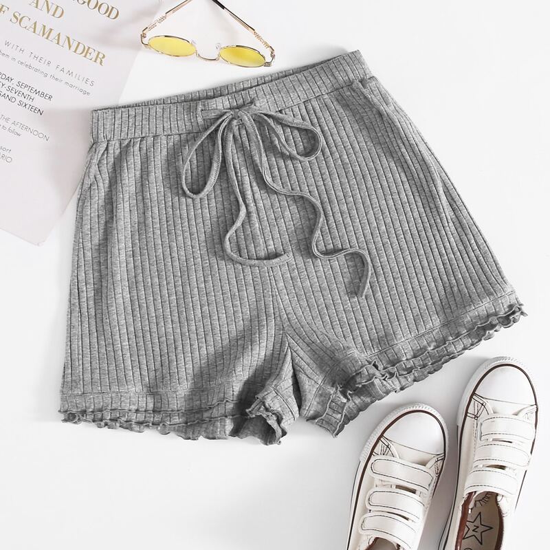 

Drawstring Waist Frill Hem Rib-knit Shorts, Grey