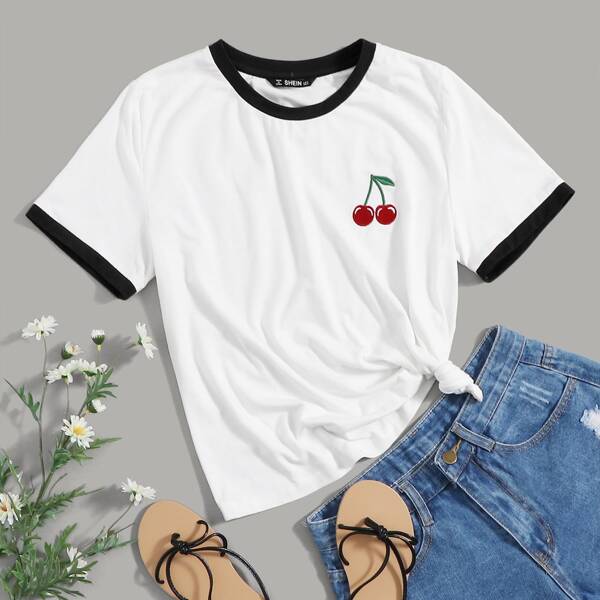 

Cherry Embroidery Ringer Tee, White