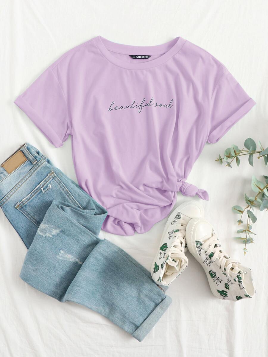 SHEIN EZwear Letter Graphic Top - Lilac Purple - View 1
