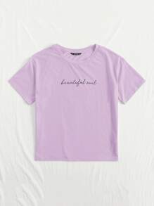 SHEIN EZwear Letter Graphic Top - Lilac Purple - View 3